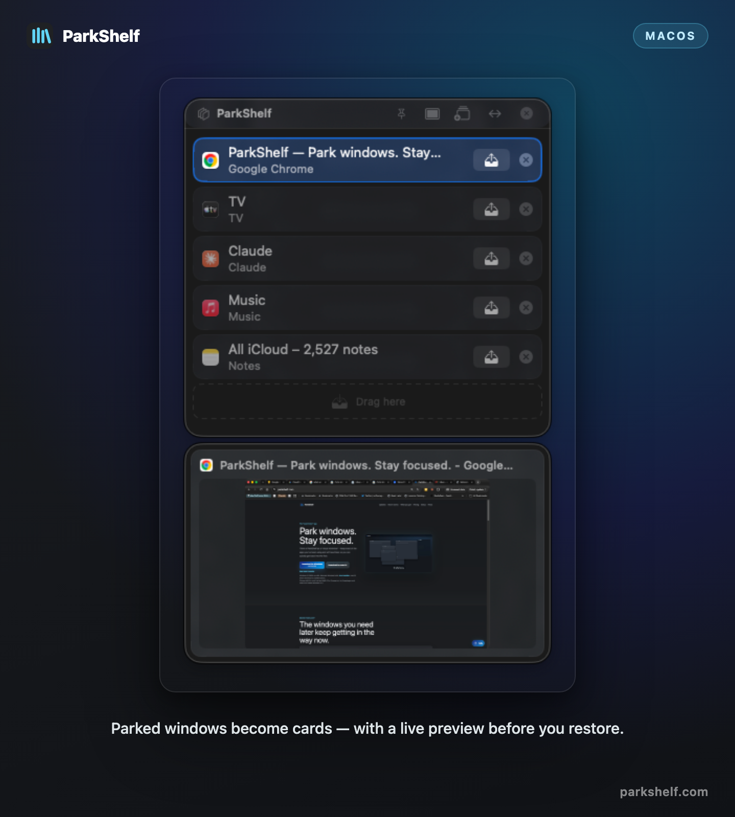 ParkShelf on macOS showing parked windows as cards with a live preview.